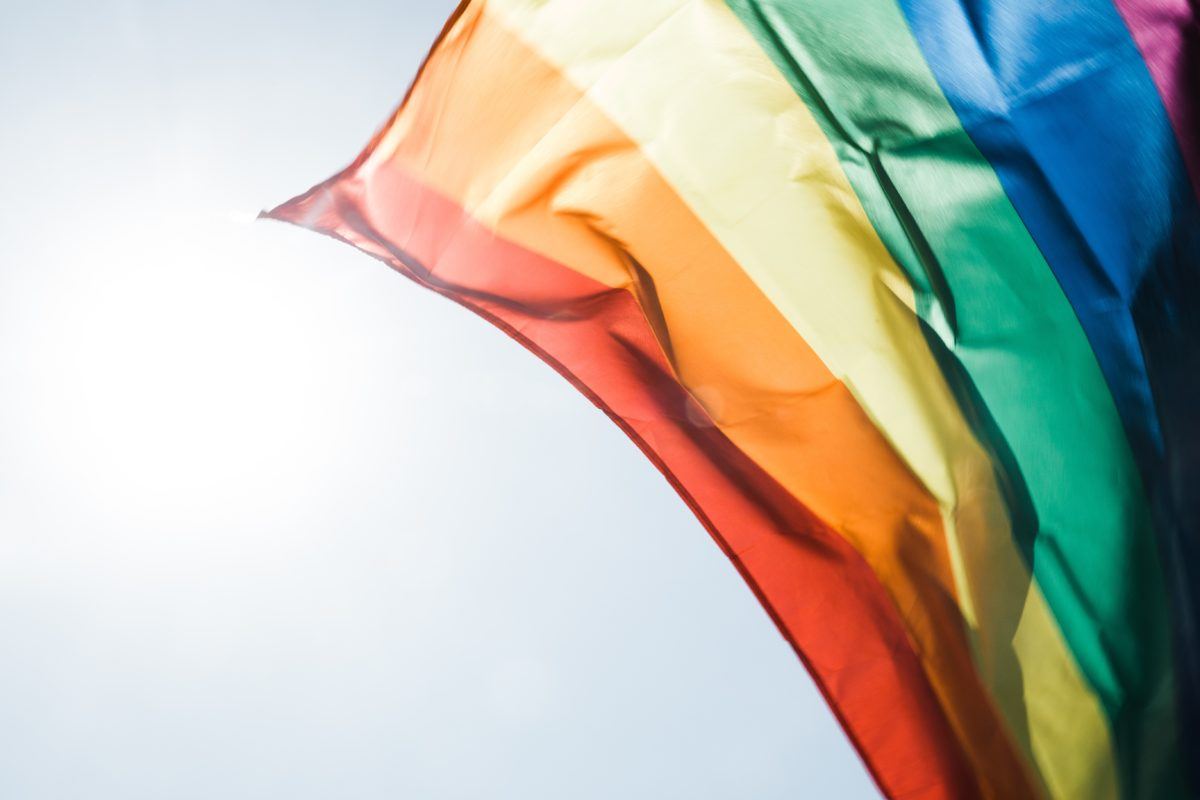 Photograph of a rainbow flag waving in the sun.