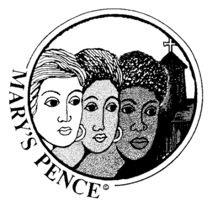 Original Mary's Pence logo with three character sketches of 3 women's faces and steeple in the background.